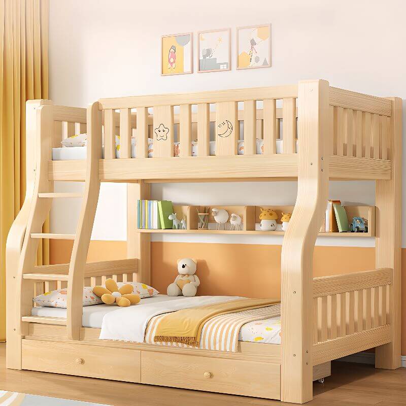 Modern Light Wood Bunk Bed with Ladder, Drawers, and Integrated Shelving Main Product Image Main image
