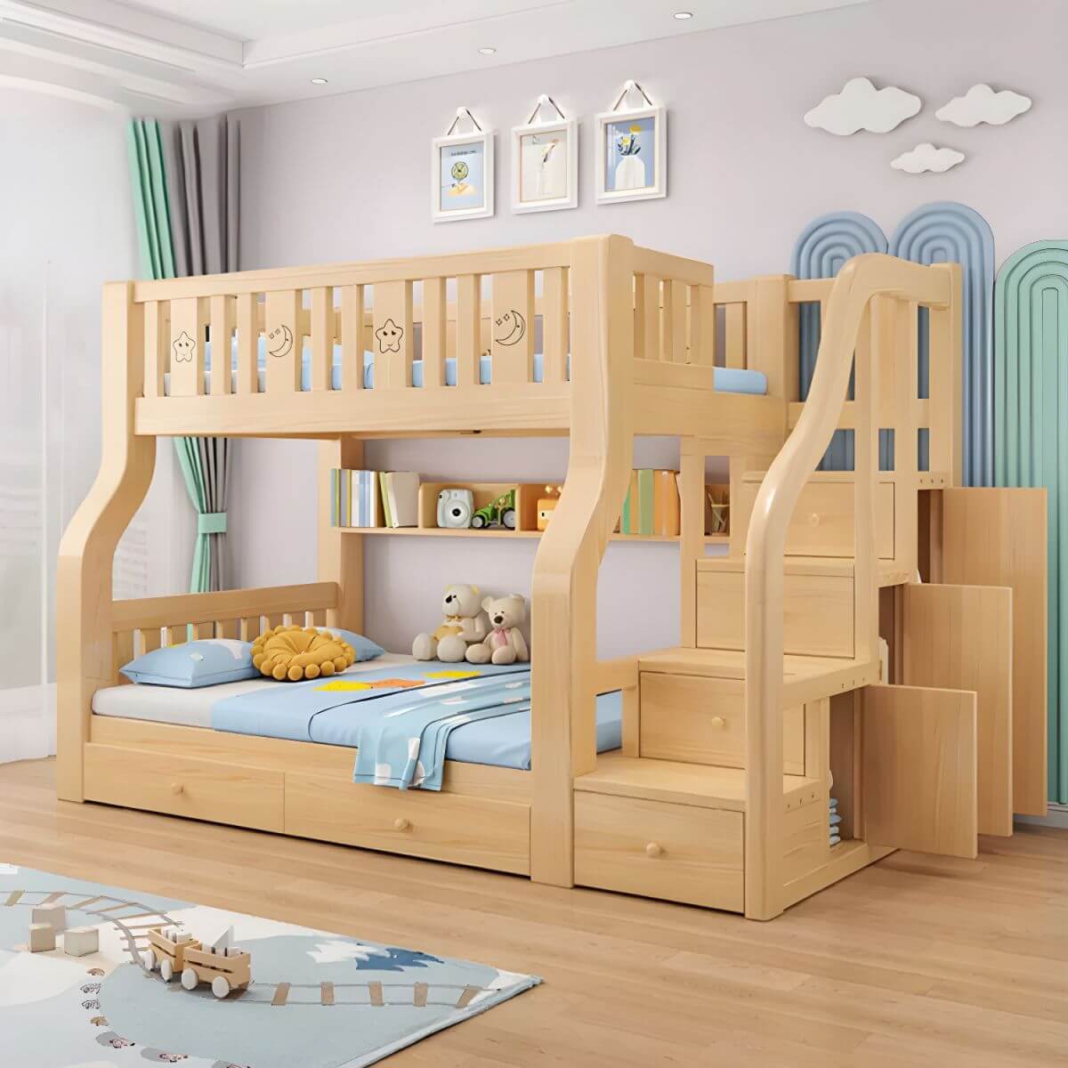 Modern Light Wood Kids Bunk Bed with Ladder, Guardrails & Mattress