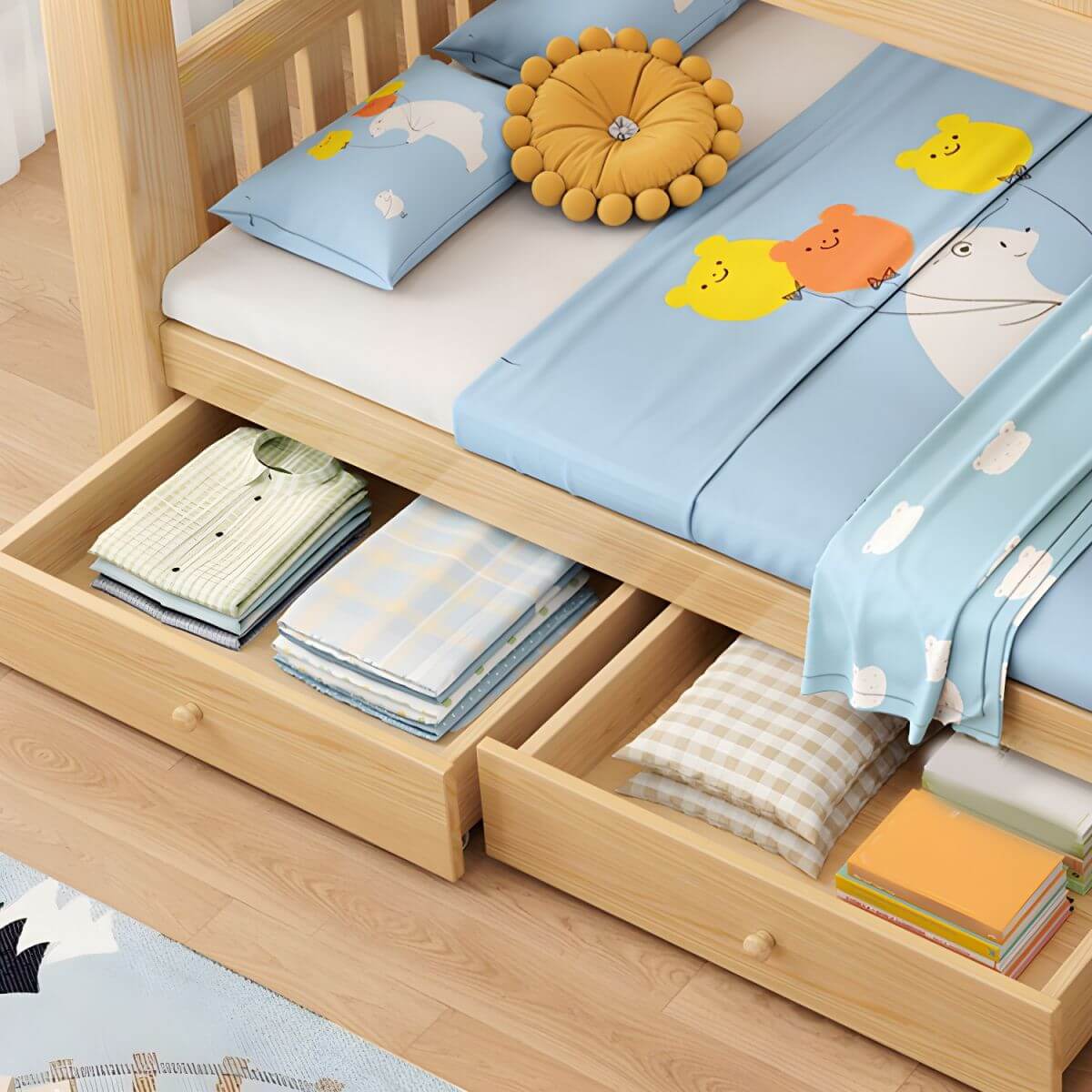 Modern Light Wood Kids Bunk Bed with Ladder, Guardrails & Mattress