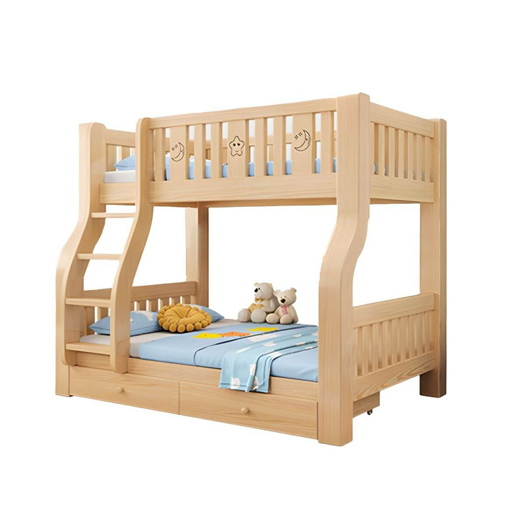 Modern Light Wood Kids Bunk Bed with Ladder, Guardrails & Mattress