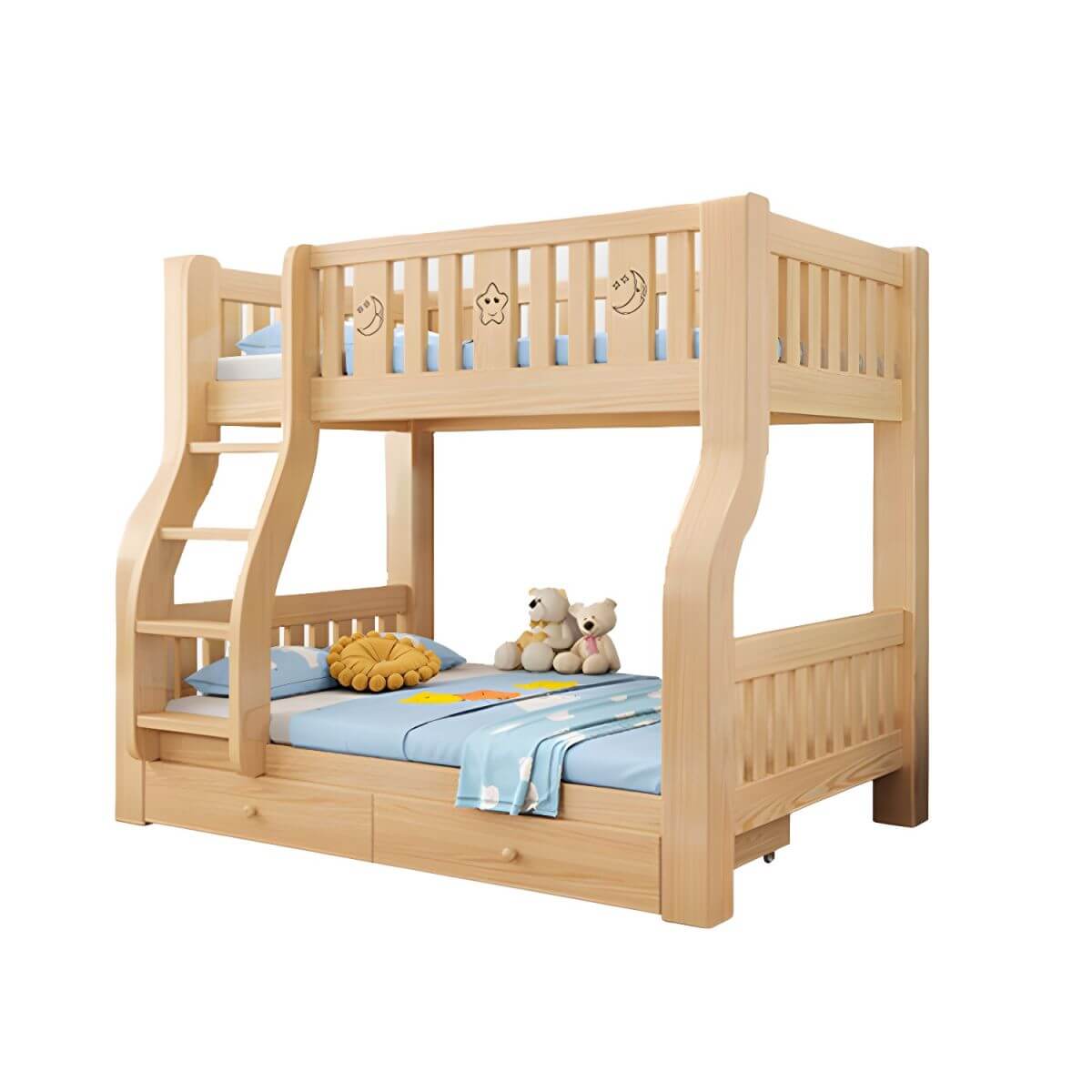 Modern Light Wood Kids Bunk Bed with Ladder, Guardrails & Mattress