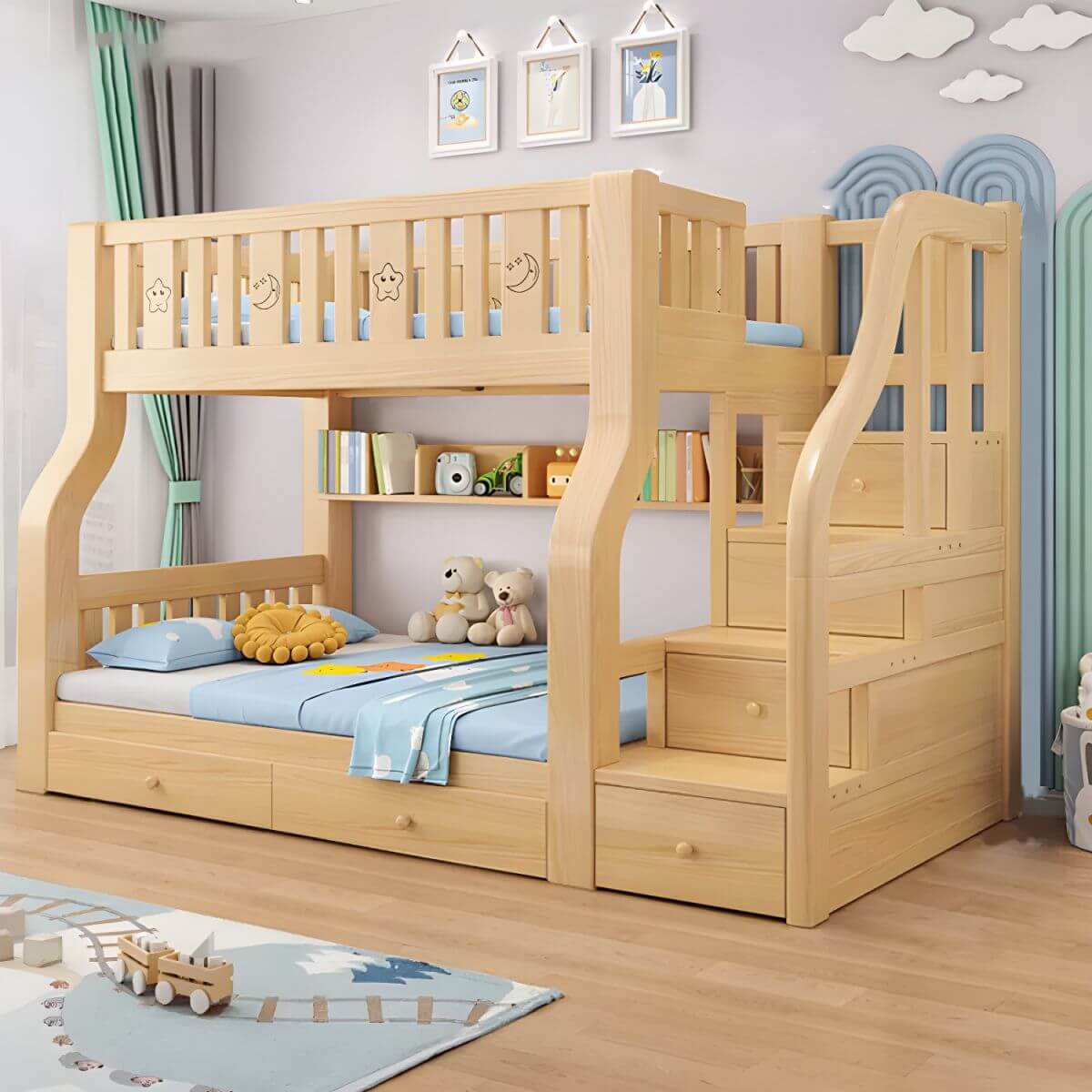 Modern Light Wood Kids Bunk Bed with Ladder, Guardrails & Mattress