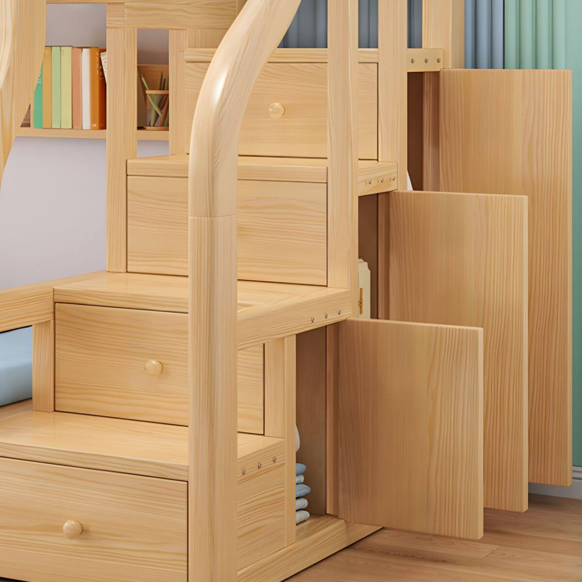 Modern Light Wood Kids Bunk Bed with Ladder, Guardrails & Mattress