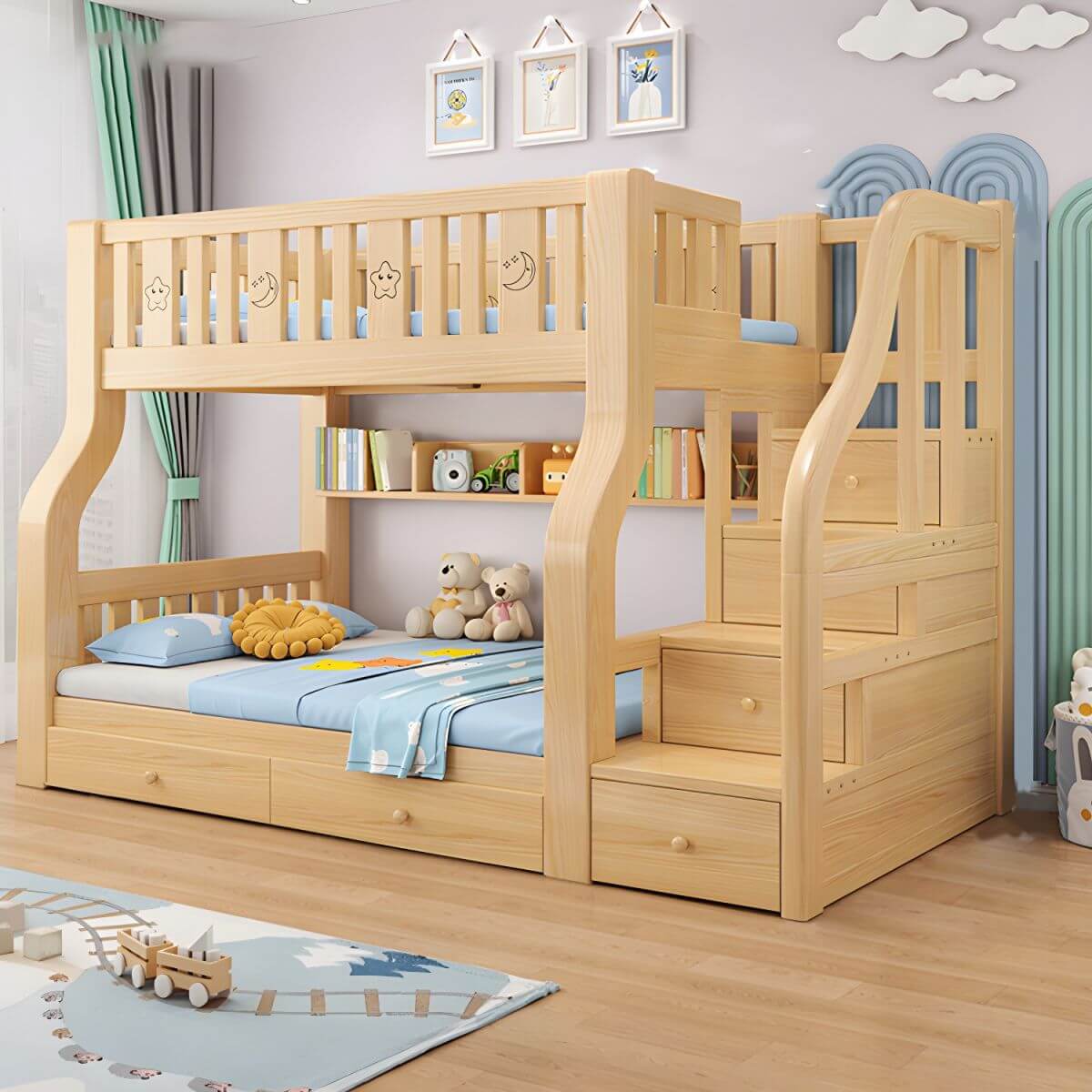 Modern Light Wood Kids Bunk Bed with Ladder, Guardrails & Mattress