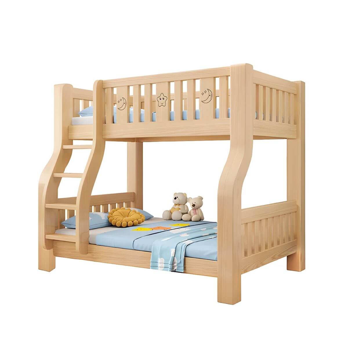 Modern Light Wood Kids Bunk Bed with Ladder, Guardrails & Mattress