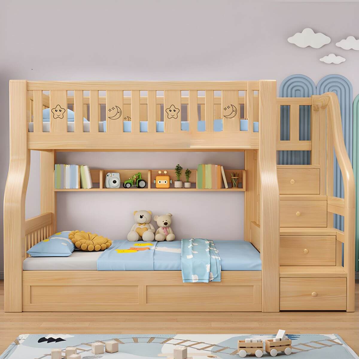 Modern Light Wood Kids Bunk Bed with Ladder, Guardrails & Mattress