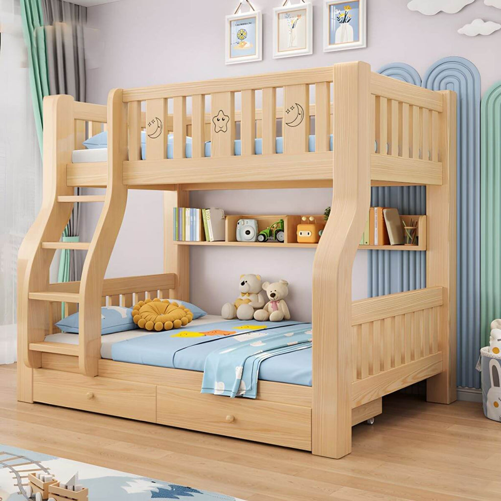 Modern Light Wood Kids Bunk Bed with Ladder, Guardrails & Mattress