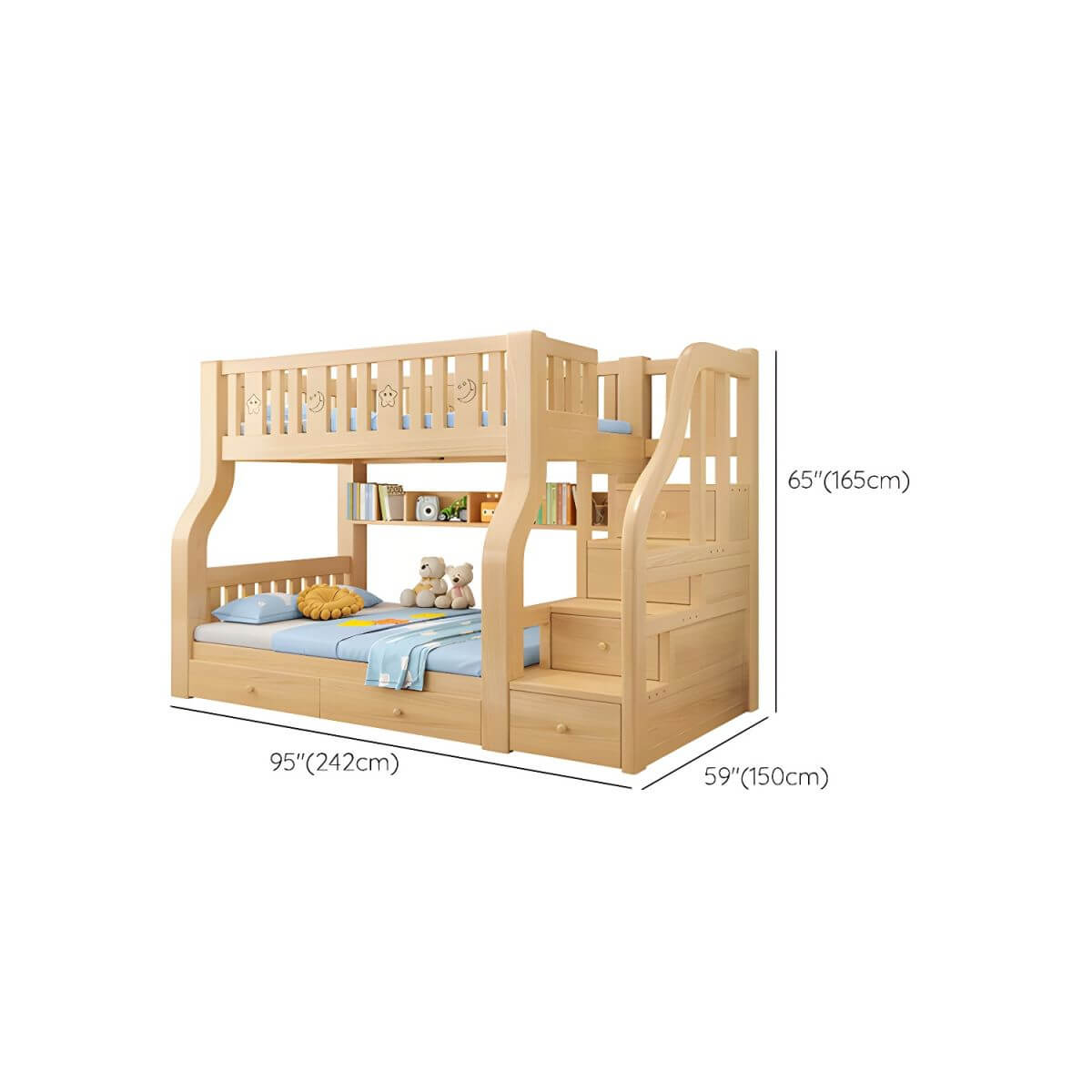 Modern Light Wood Kids Bunk Bed with Ladder, Guardrails & Mattress Dimensions