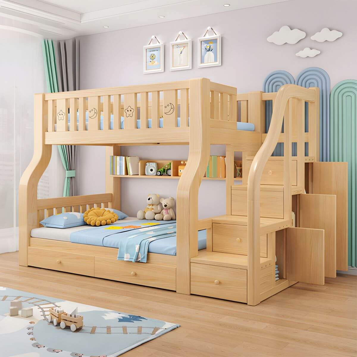 Modern Light Wood Kids Bunk Bed with Ladder, Guardrails & Mattress Main Product Image