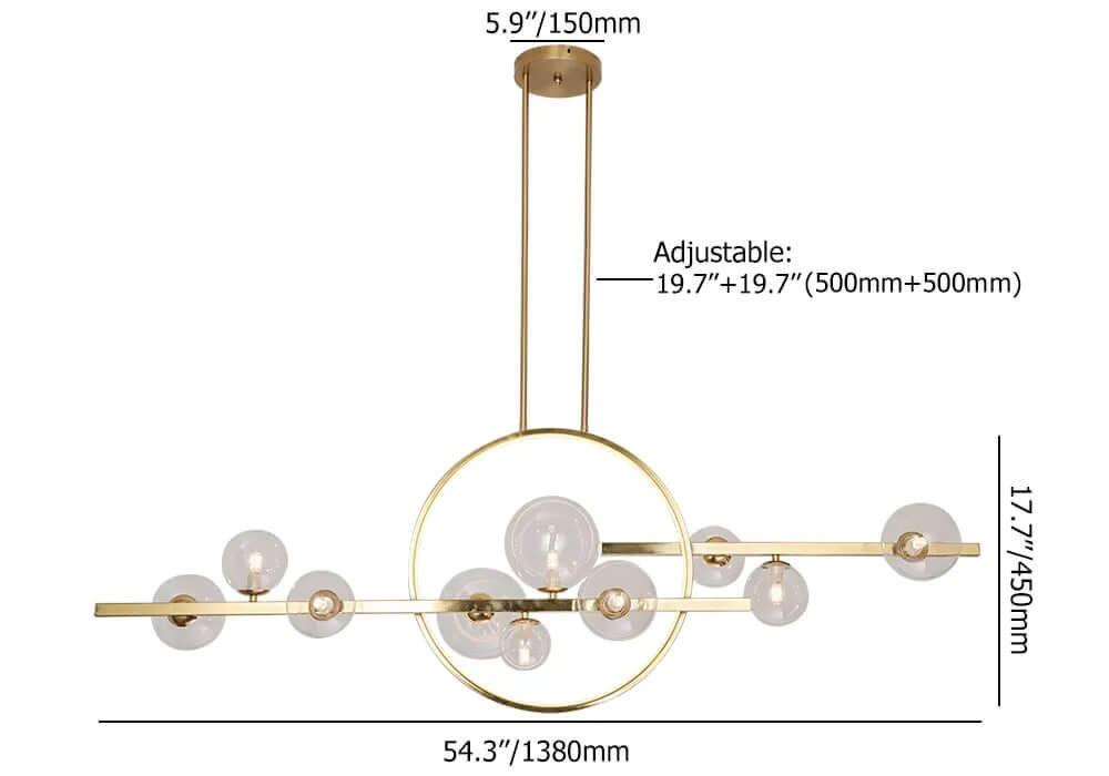 Modern Linear Kitchen Island Chandelier with Glass Globe Shades Dimensions