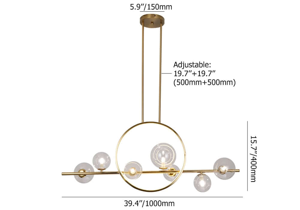 Modern Linear Kitchen Island Chandelier with Glass Globe Shades Dimensions