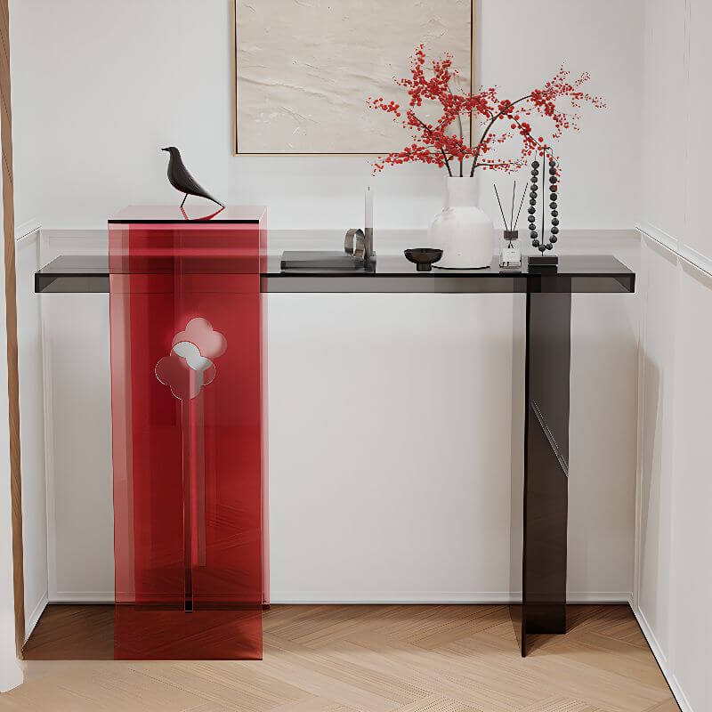 Modern Lucite Console Table with Asymmetrical Three-Leg Design Main Product Image Main image