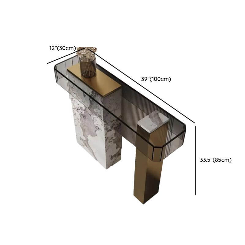 Modern Lucite Console Table with Dual Pedestal Metal Base Dimensions