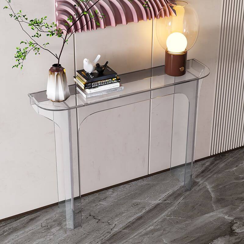 Modern Lucite Demilune Console Table with Twin Pedestal Base