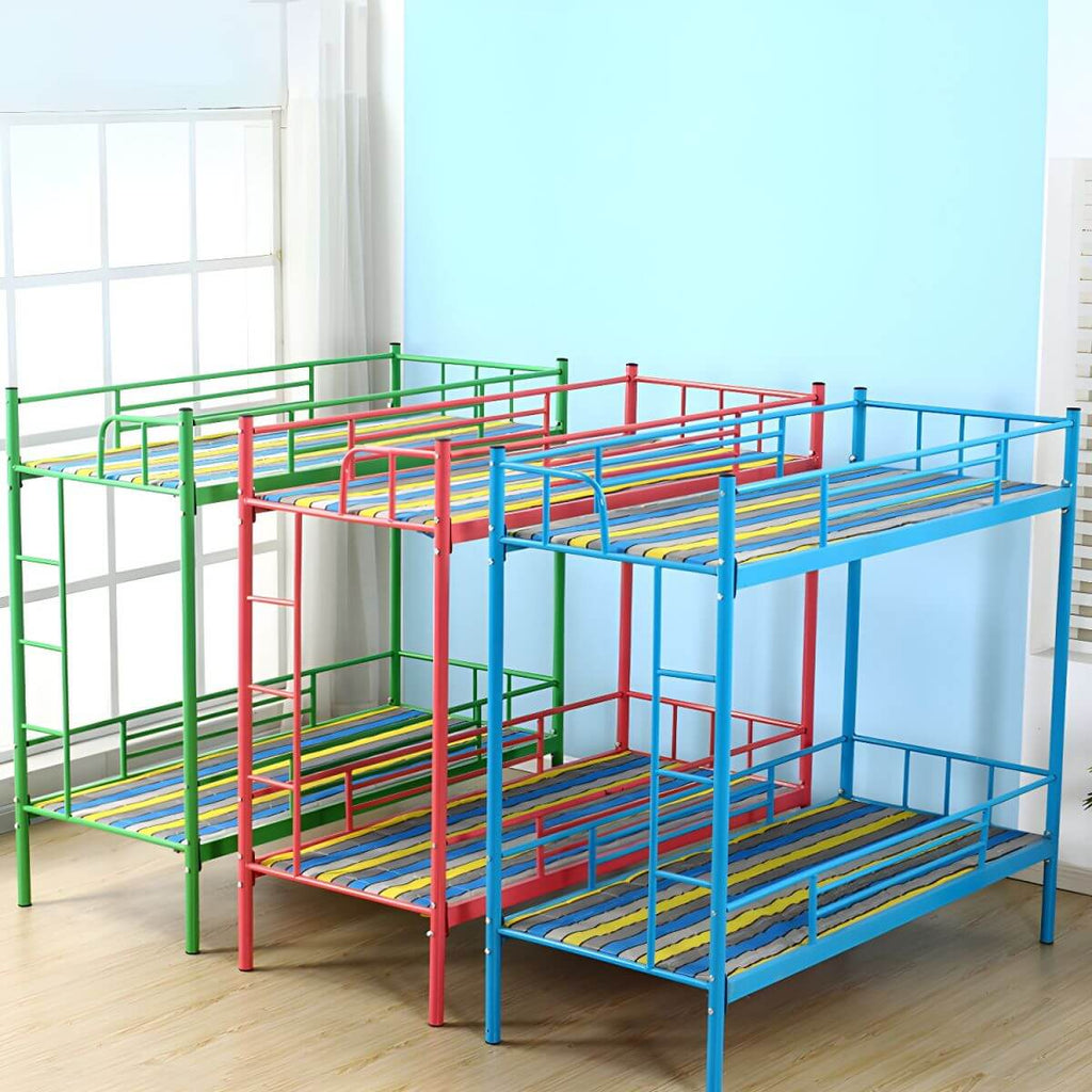 Modern Metal Bunk Bed for Kids – Blue Finish with Guardrails and Ladder
