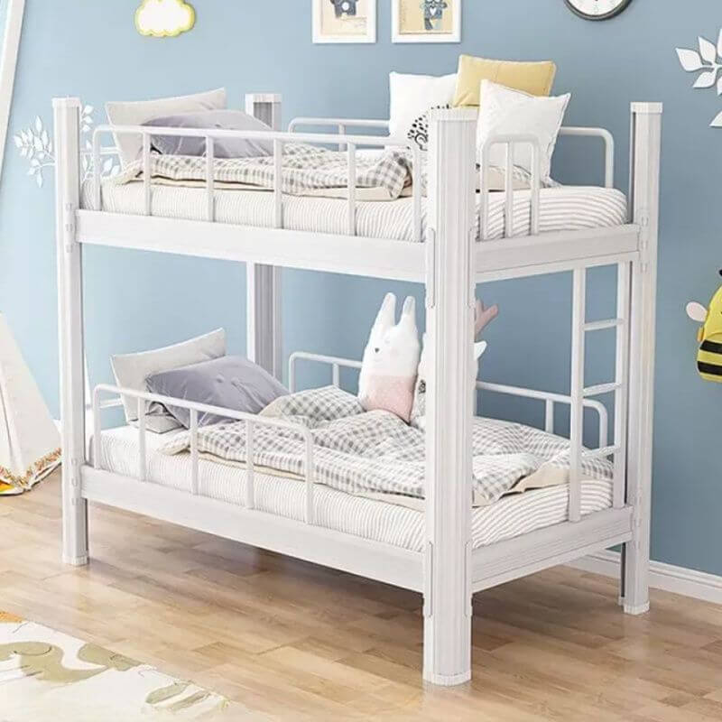 Modern Metal Bunk Bed for Kids – White and Pink Finish with Safety Guardrails メイン画像