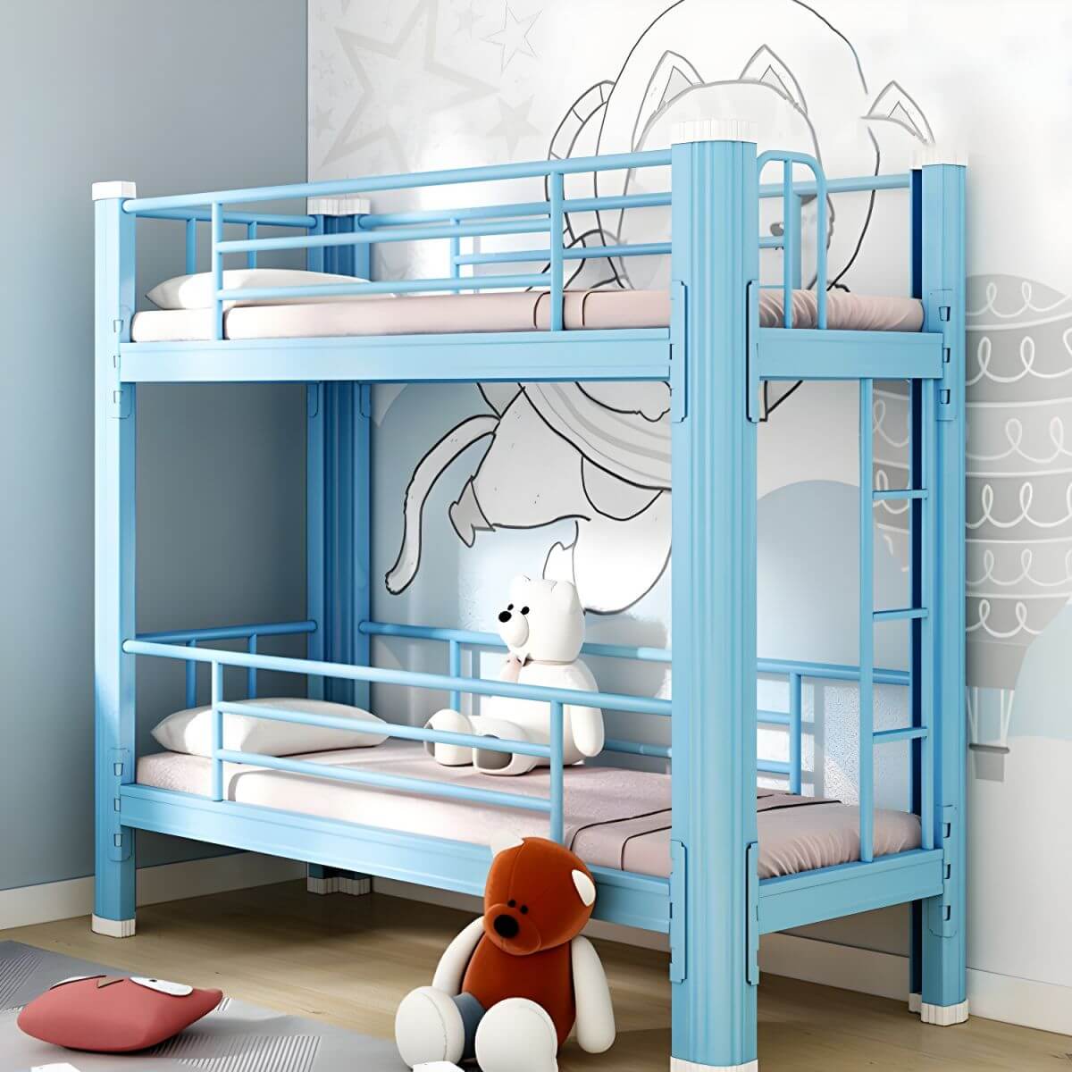 Modern Metal Bunk Bed Set for Kids – Twin Panel Design with Safety Guardrails メイン画像