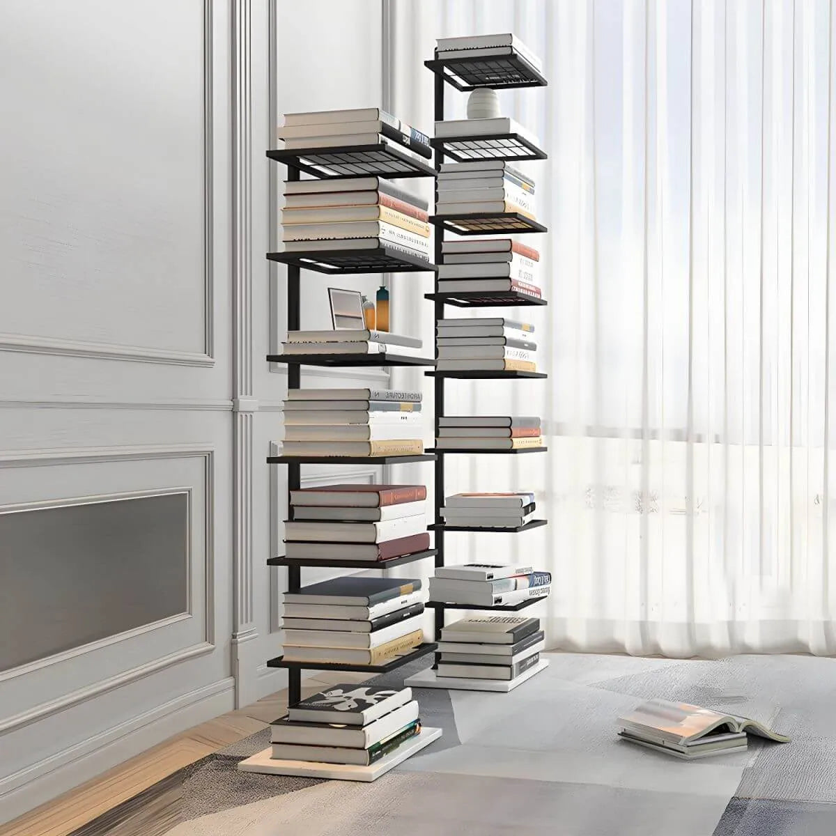 Modern Metal Etagere Bookshelf – Black & Gold Vertical Display Shelf