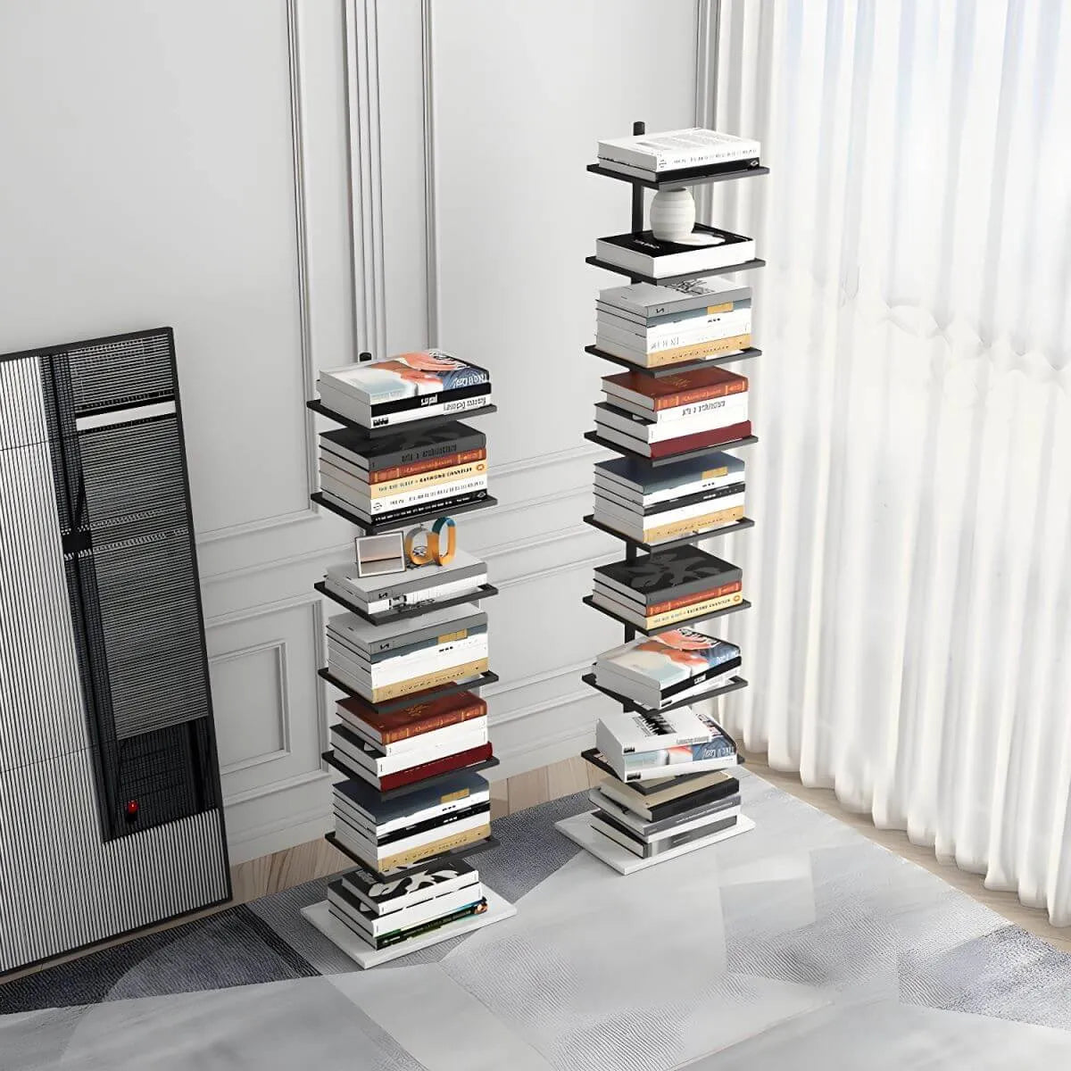 Modern Metal Etagere Bookshelf – Black & Gold Vertical Display Shelf Imagen secundaria del producto