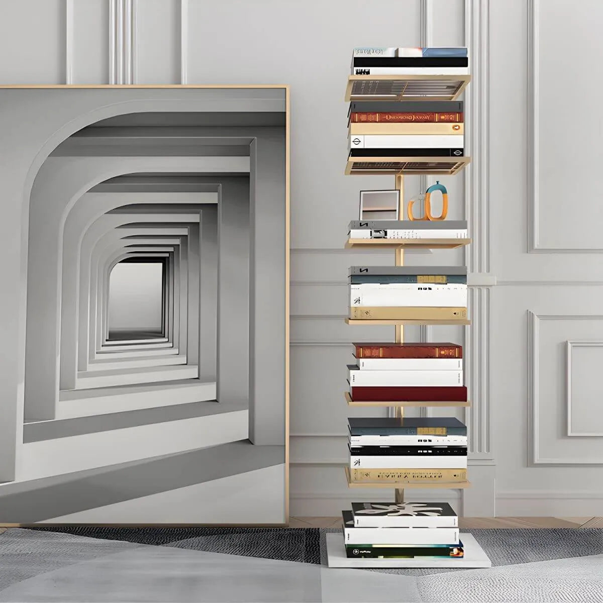 Modern Metal Etagere Bookshelf – Black & Gold Vertical Display Shelf