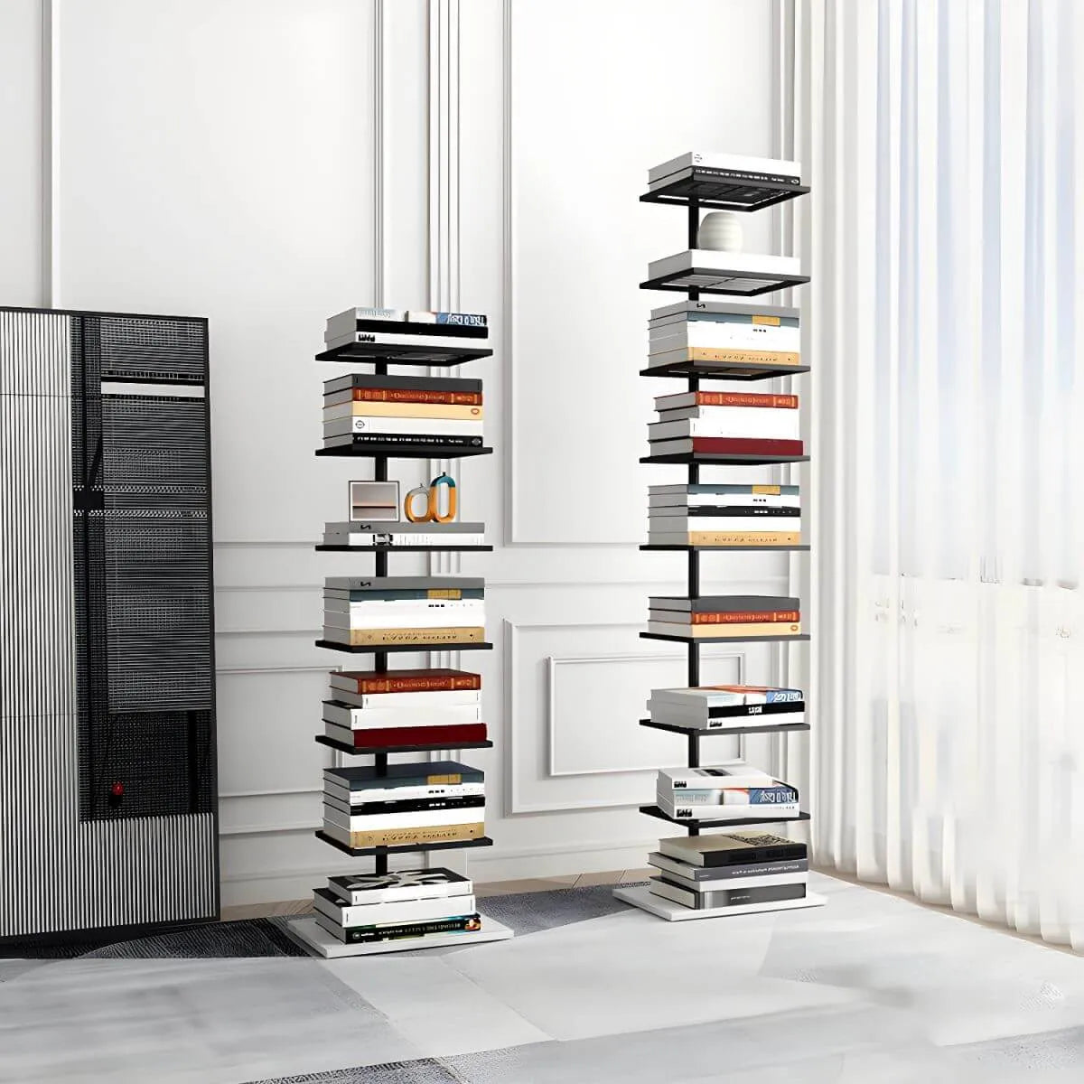 Modern Metal Etagere Bookshelf – Black & Gold Vertical Display Shelf Main Product Image Imagen principal del producto