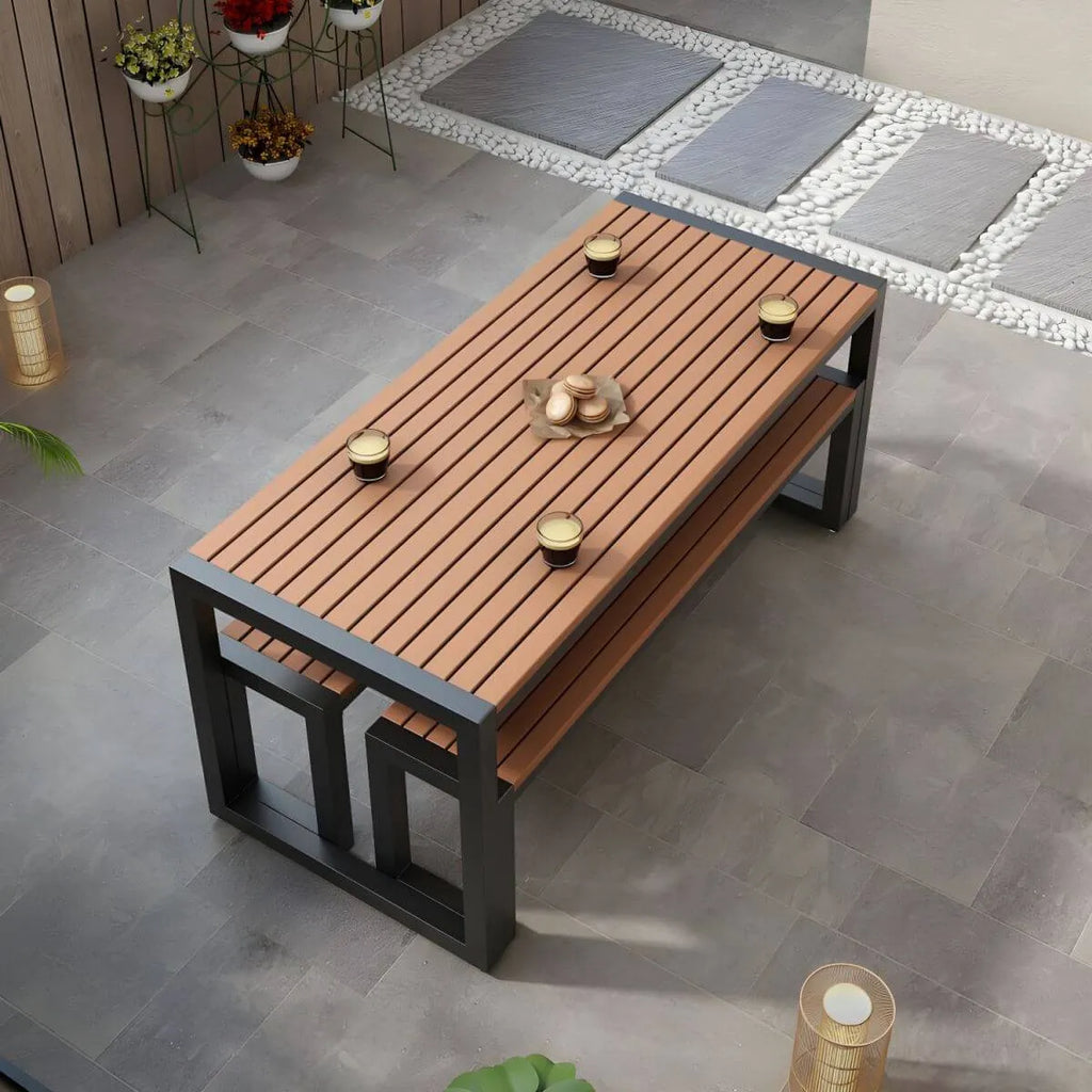 Modern Metal Frame Outdoor Coffee Table with Slatted Wood Top