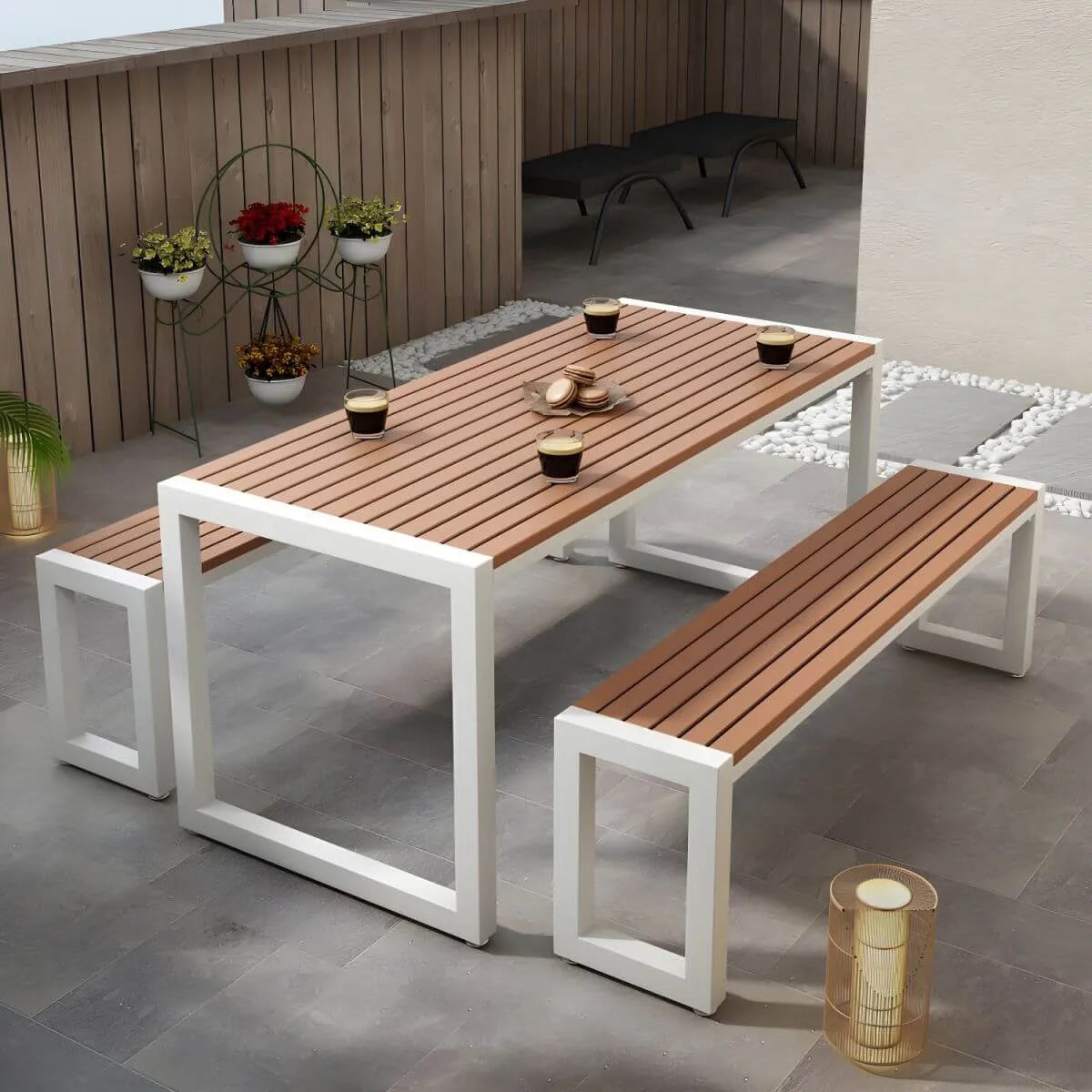 Modern Metal Frame Outdoor Coffee Table with Slatted Wood Top
