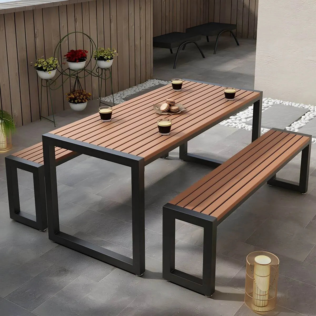 Modern Metal Frame Outdoor Coffee Table with Slatted Wood Top