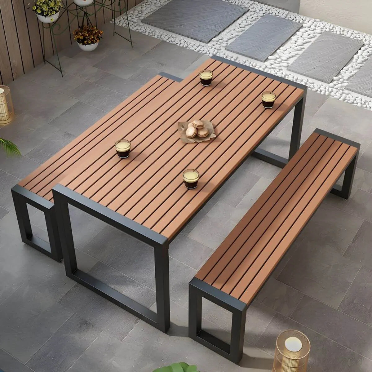 Modern Metal Frame Outdoor Coffee Table with Slatted Wood Top