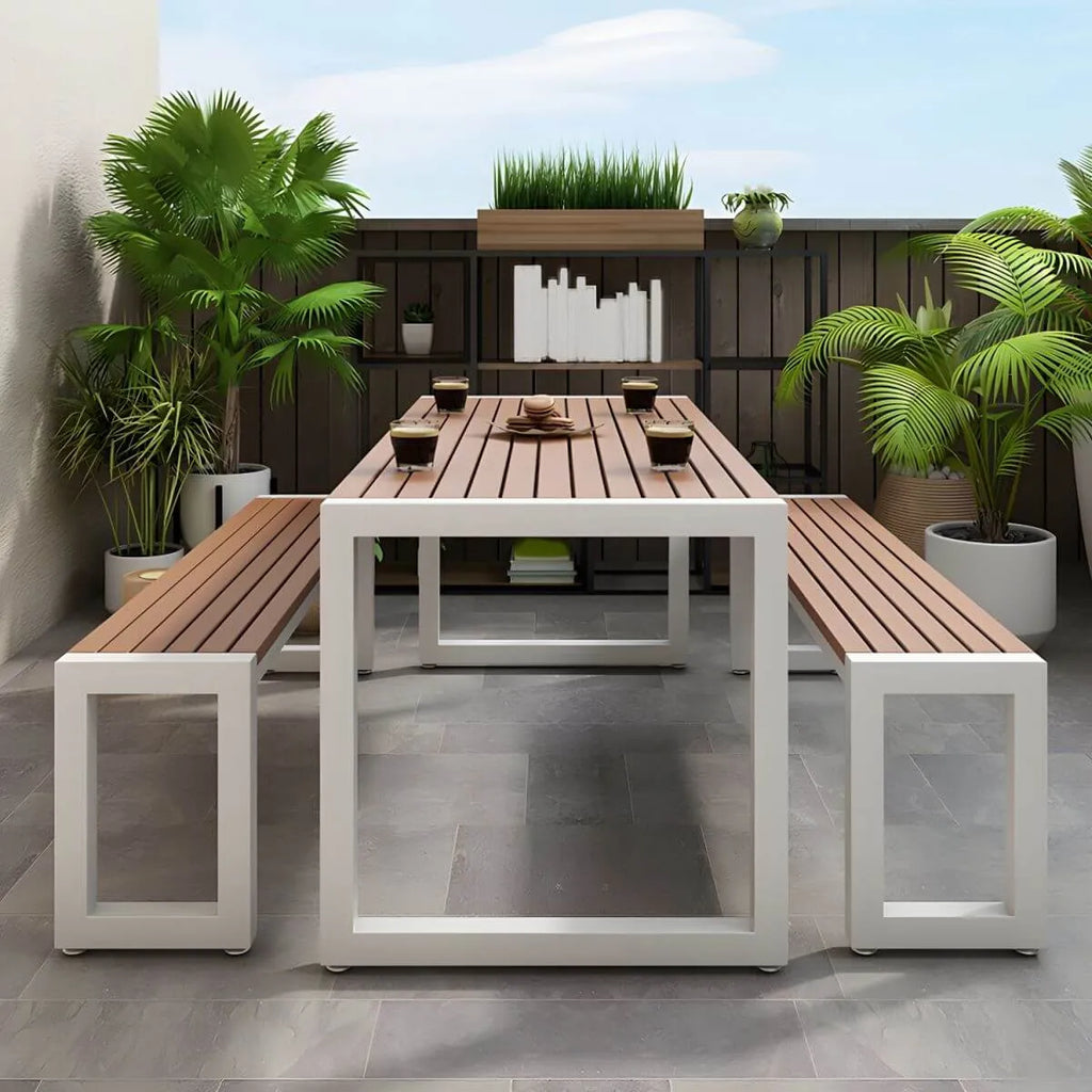 Modern Metal Frame Outdoor Coffee Table with Slatted Wood Top