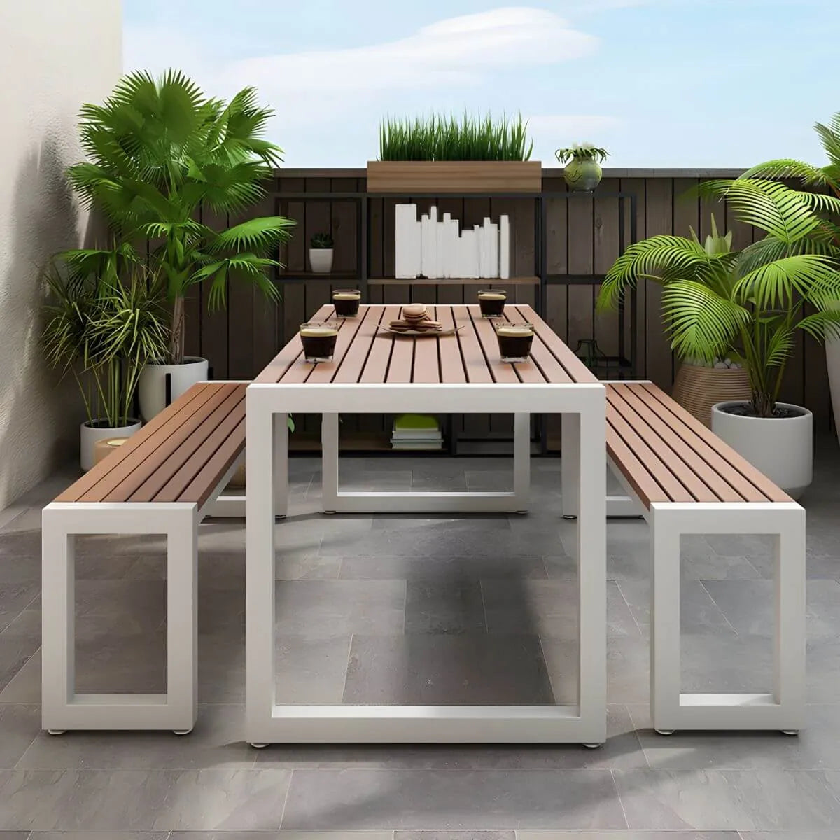 Modern Metal Frame Outdoor Coffee Table with Slatted Wood Top