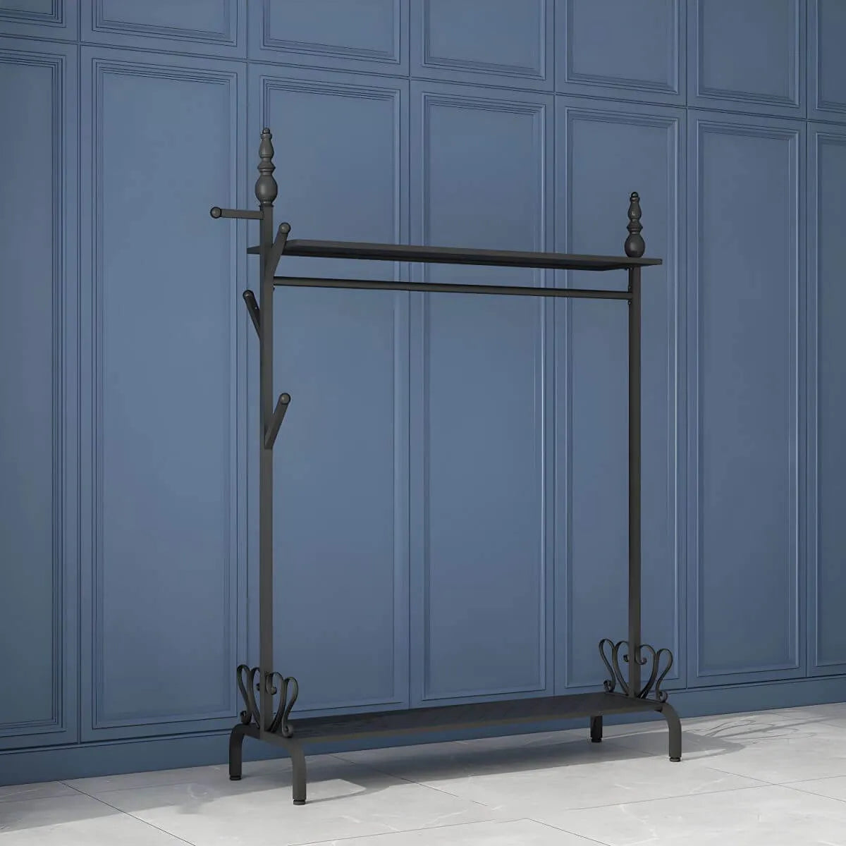 Modern Metal Free-Standing Coat Rack with Shelves and Hooks