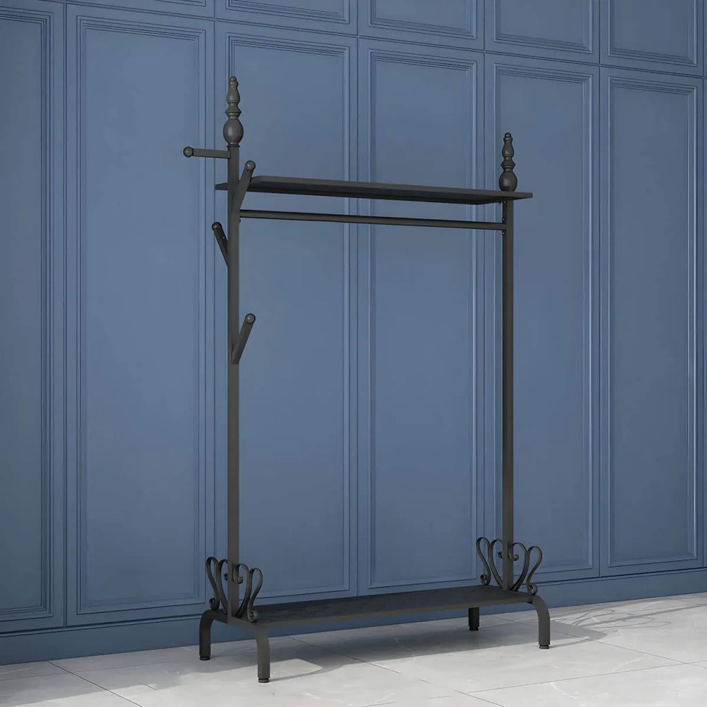 Modern Metal Free-Standing Coat Rack with Shelves and Hooks