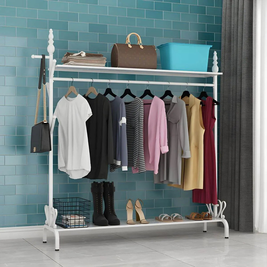 Modern Metal Free-Standing Coat Rack with Shelves and Hooks