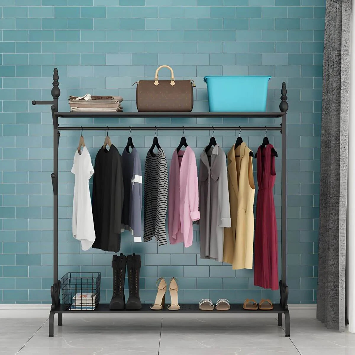 Modern Metal Free-Standing Coat Rack with Shelves and Hooks