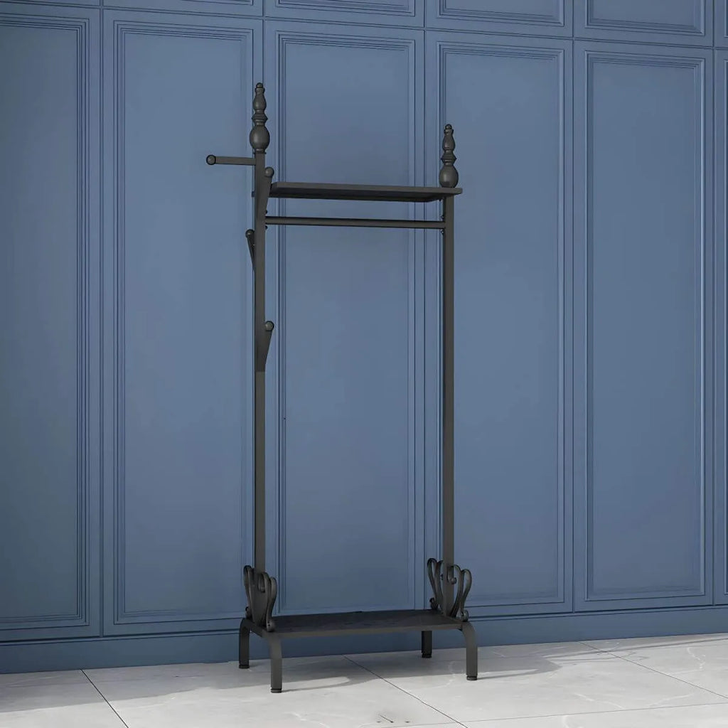 Modern Metal Free-Standing Coat Rack with Shelves and Hooks