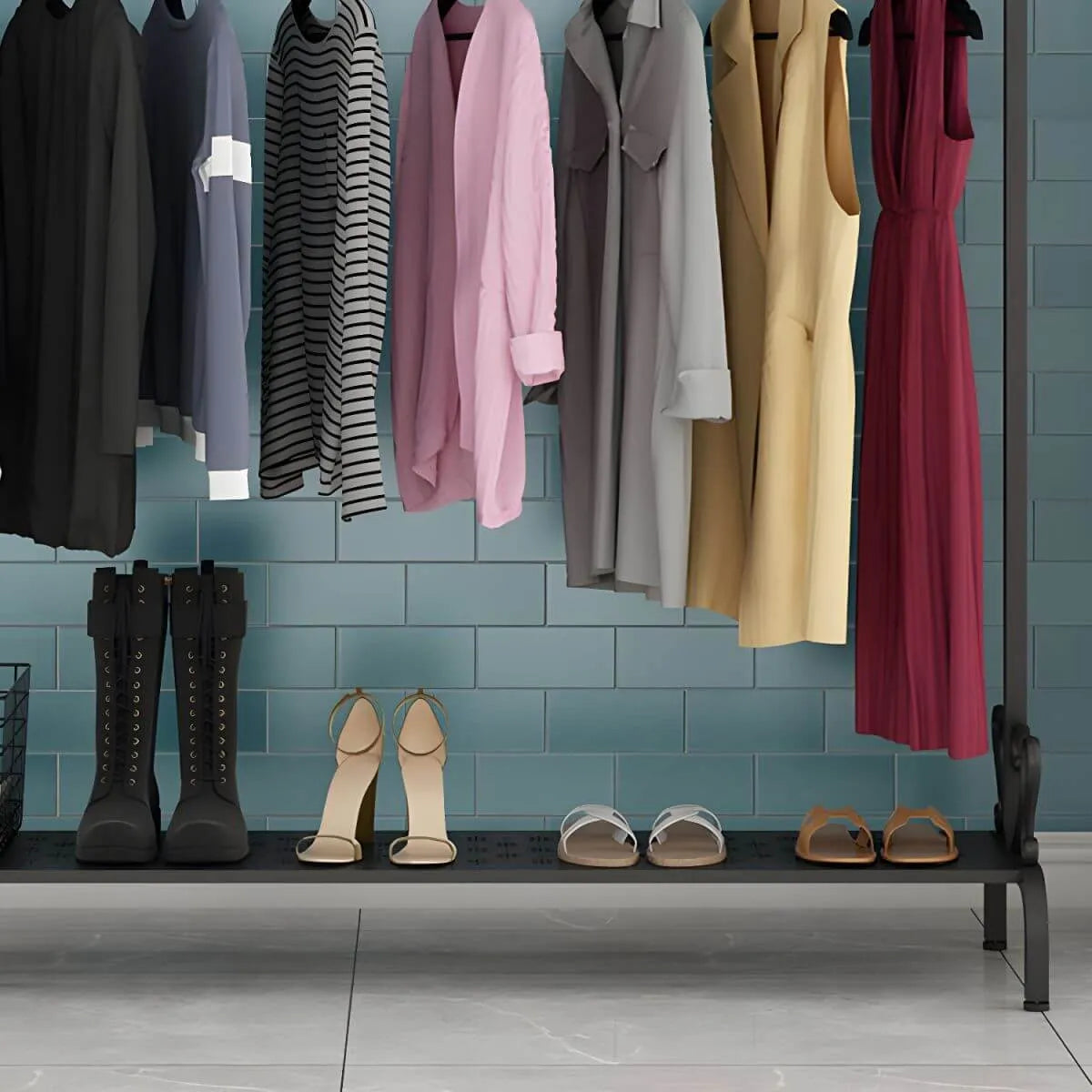 Modern Metal Free-Standing Coat Rack with Shelves and Hooks