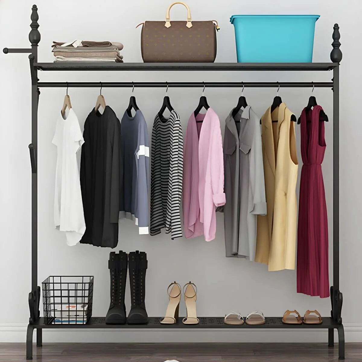Modern Metal Free-Standing Coat Rack with Shelves and Hooks