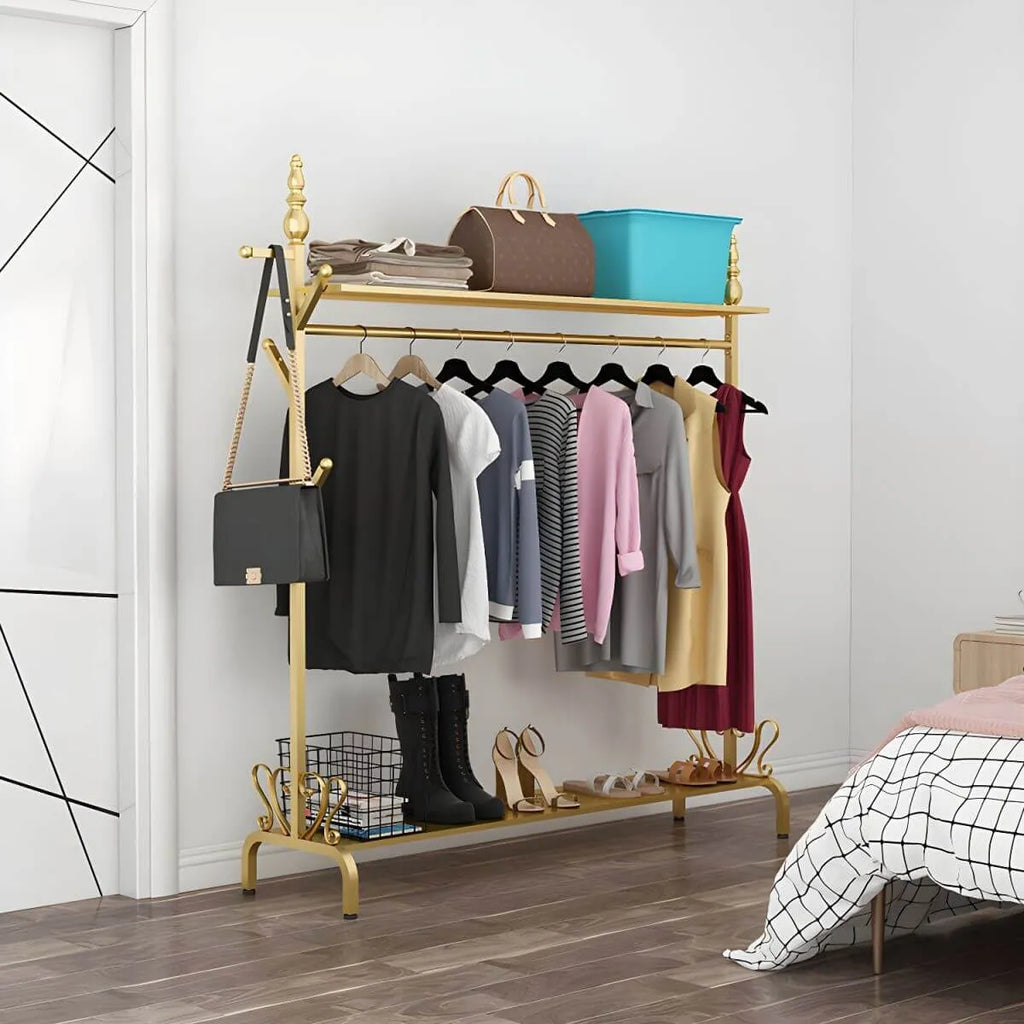 Modern Metal Free-Standing Coat Rack with Shelves and Hooks