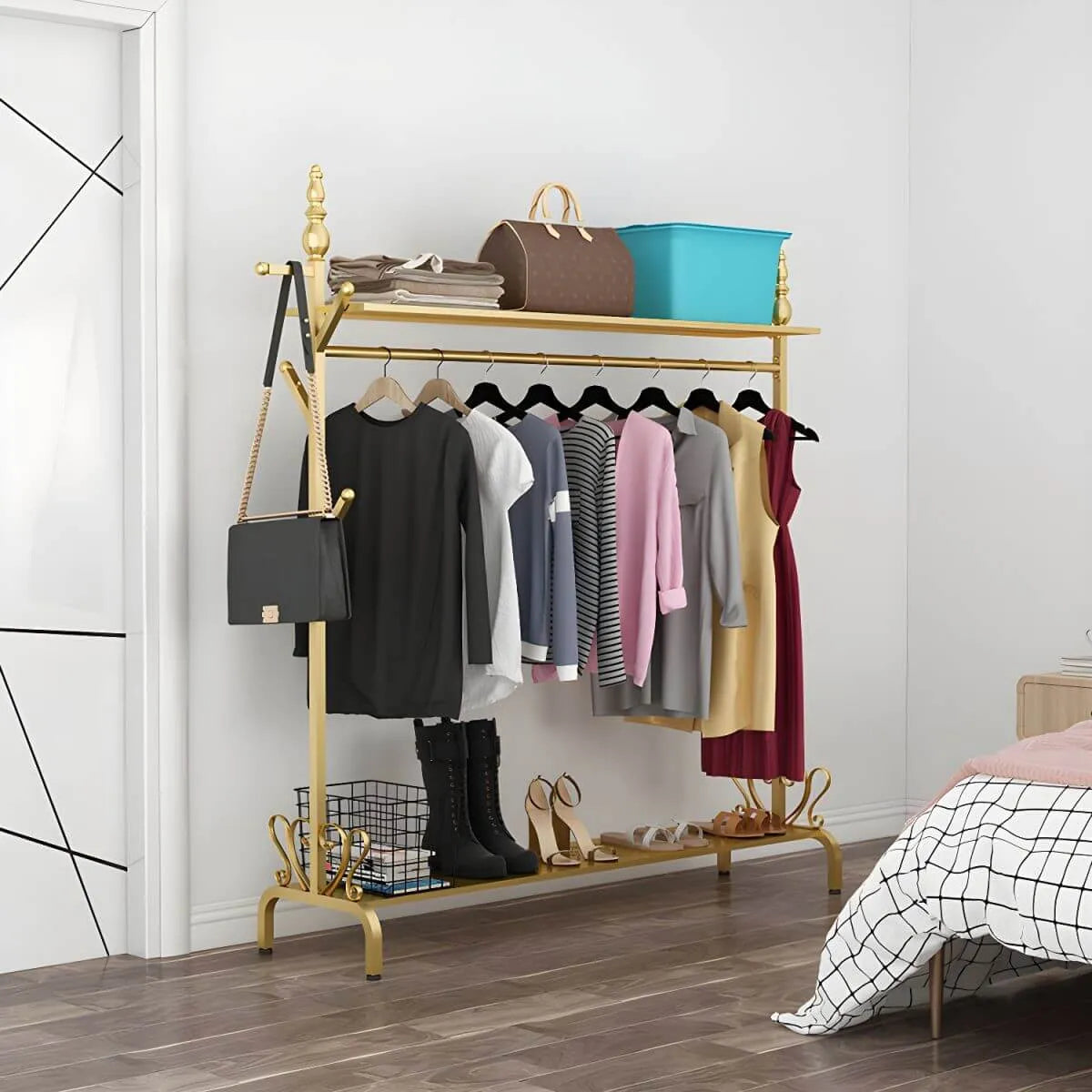 Modern Metal Free-Standing Coat Rack with Shelves and Hooks