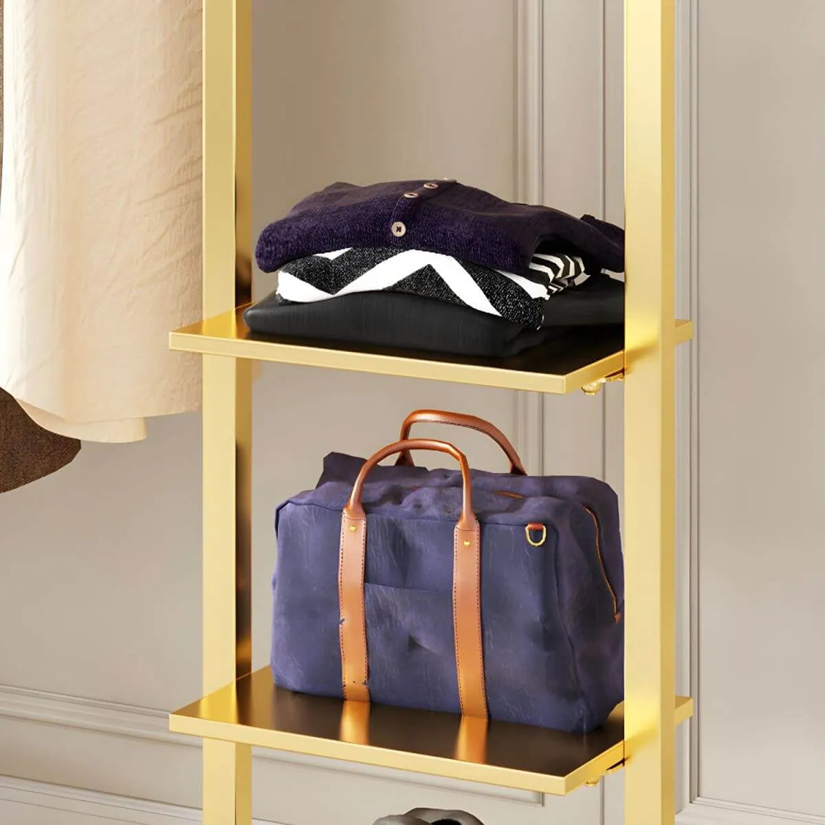 Modern Metal Hall Tree with Multi-Tier Shelves and Dual Coat Rods