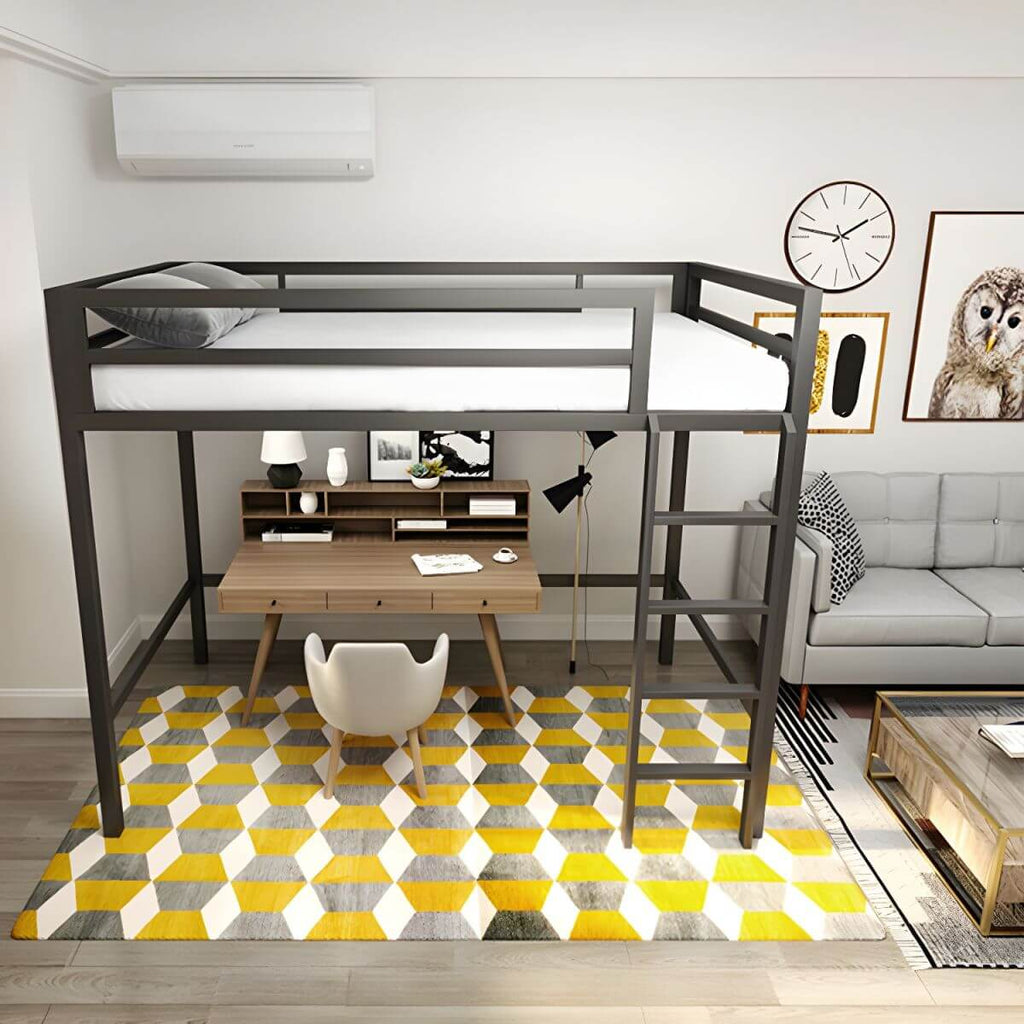 Modern Metal Loft Bed with Built-In Ladder and Guardrails
