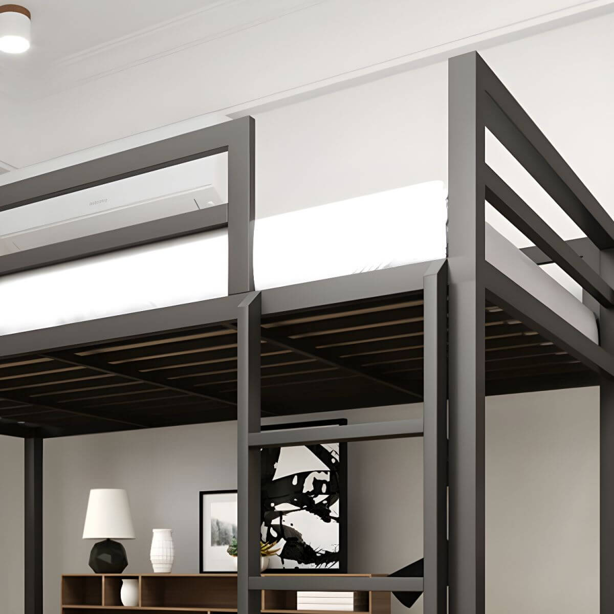 Modern Metal Loft Bed with Built-In Ladder and Guardrails