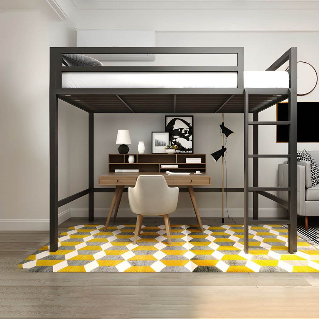 Modern Metal Loft Bed with Built-In Ladder and Guardrails