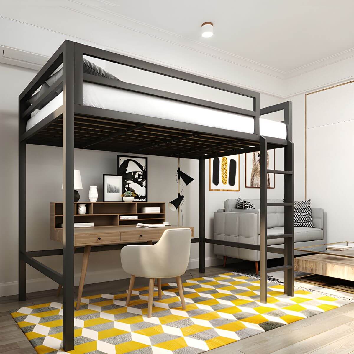 Modern Metal Loft Bed with Built-In Ladder and Guardrails