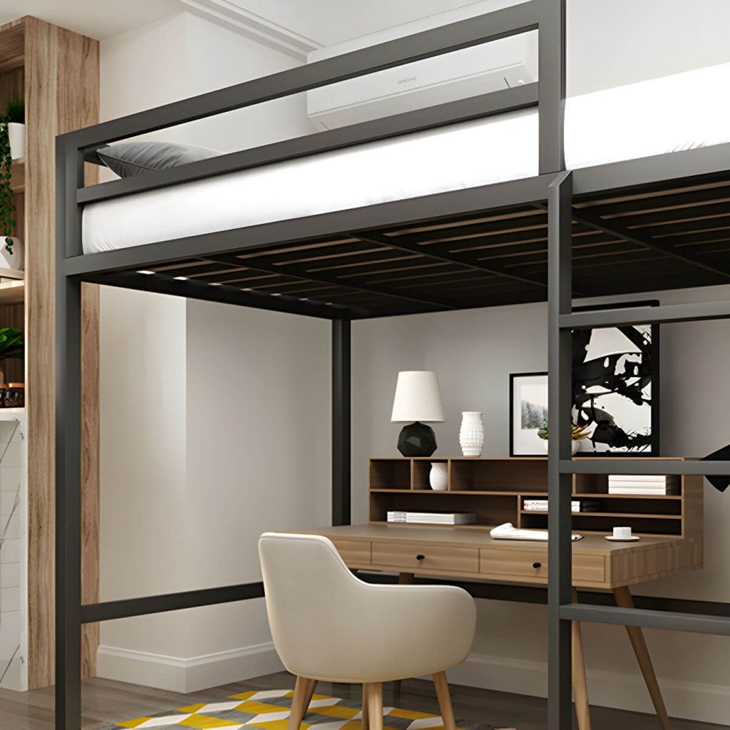 Modern Metal Loft Bed with Built-In Ladder and Guardrails