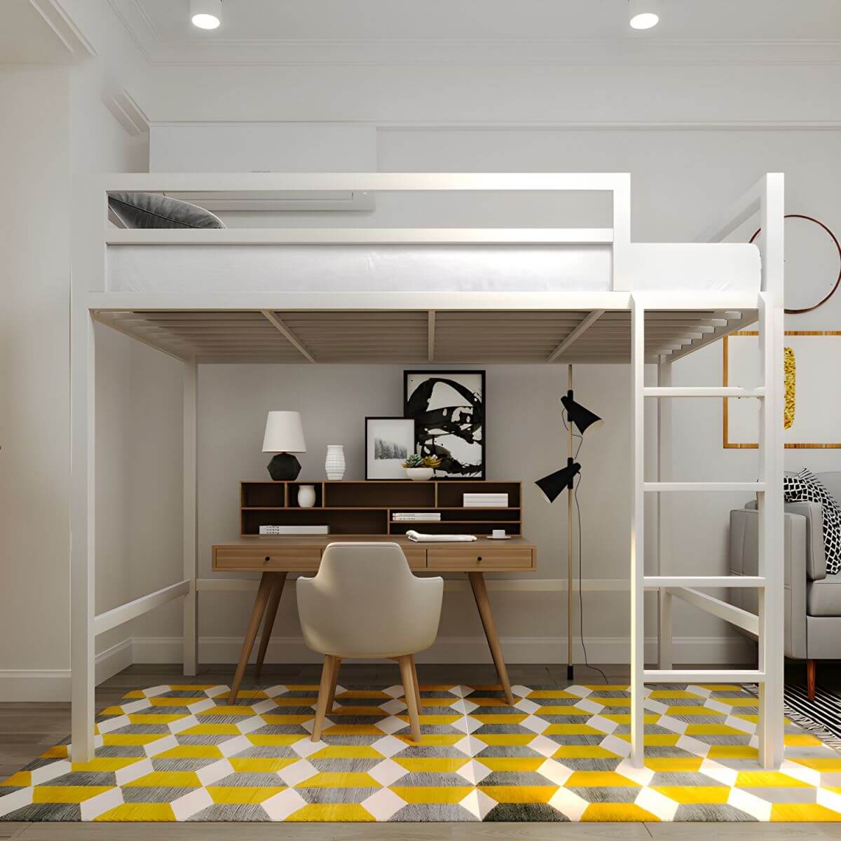Modern Metal Loft Bed with Built-In Ladder and Guardrails
