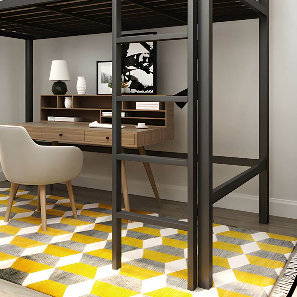 Modern Metal Loft Bed with Built-In Ladder and Guardrails