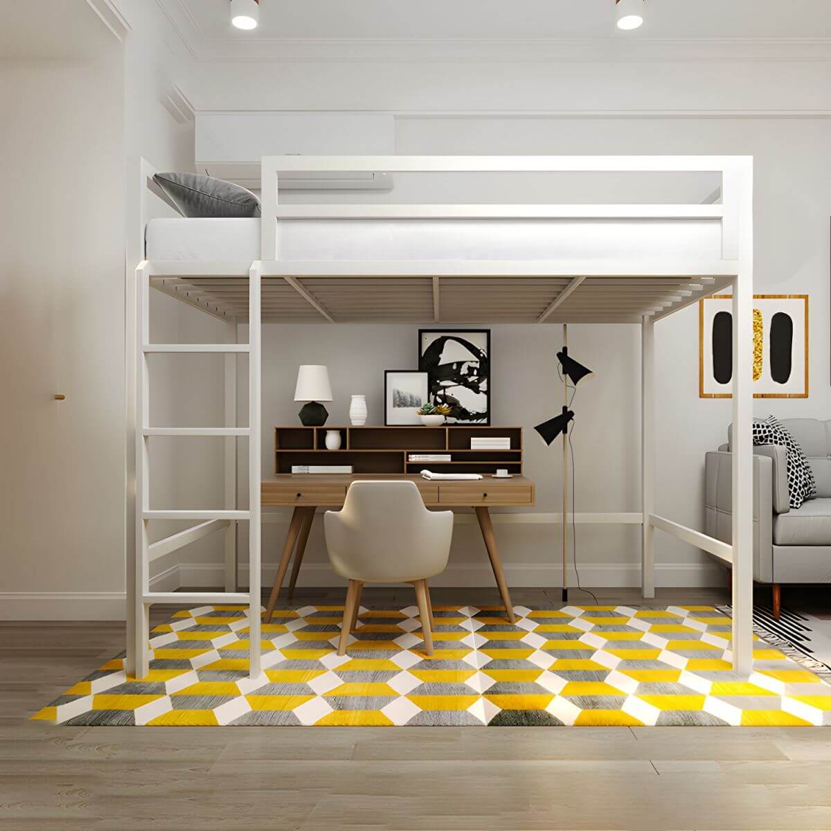 Modern Metal Loft Bed with Built-In Ladder and Guardrails