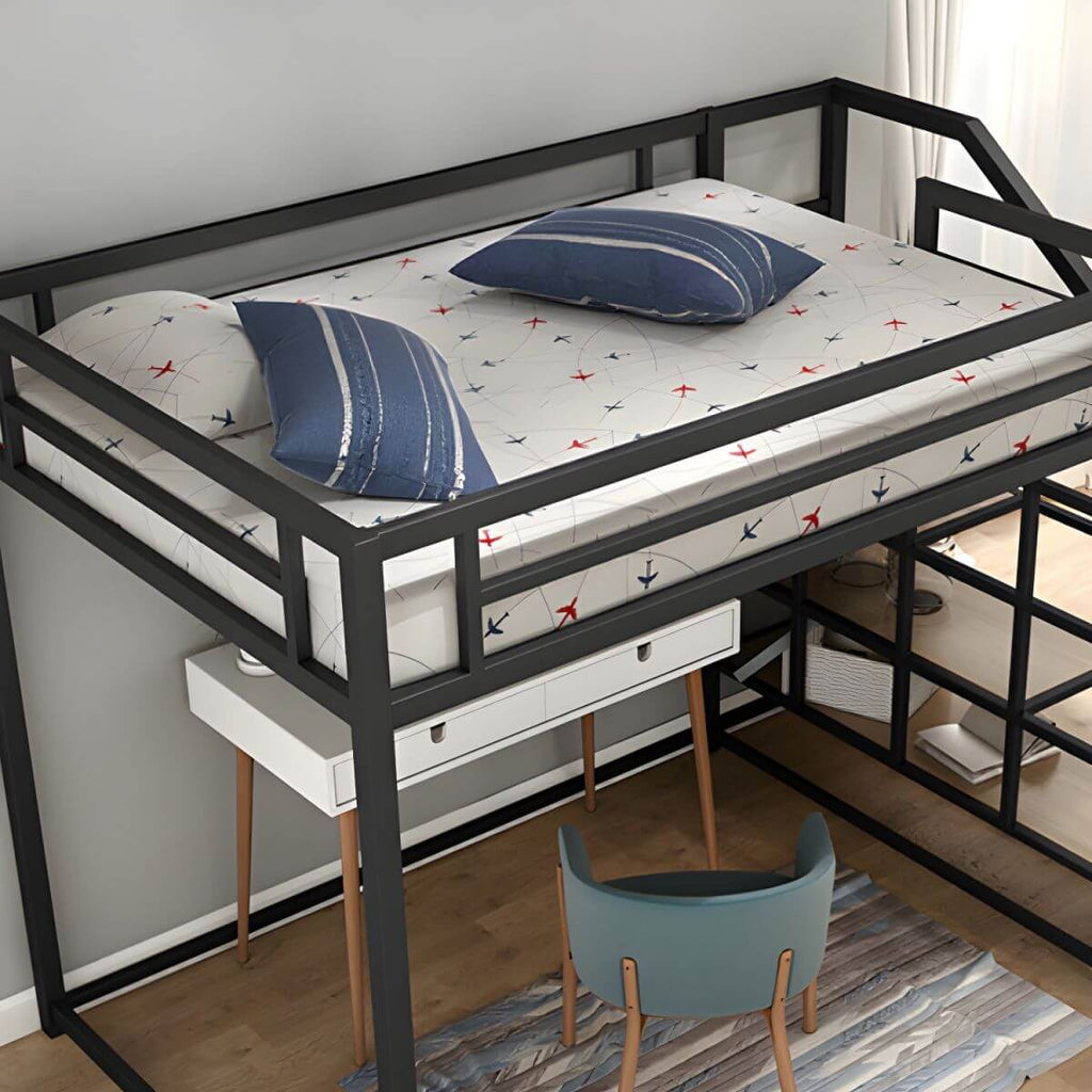 Modern Metal Loft Bed with Integrated Stairs and Safety Guardrails